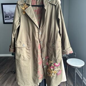 Embroidered Khaki Trench Coat